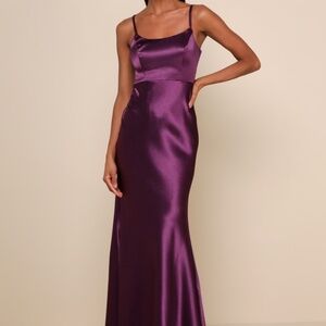 Lulus Make You Shine Dark Purple Satin Mermaid Maxi Dress - Size XS